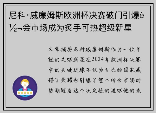 尼科·威廉姆斯欧洲杯决赛破门引爆转会市场成为炙手可热超级新星 尼科·威廉姆斯欧洲杯决赛破门引爆转会市场成为炙手可热超级新星