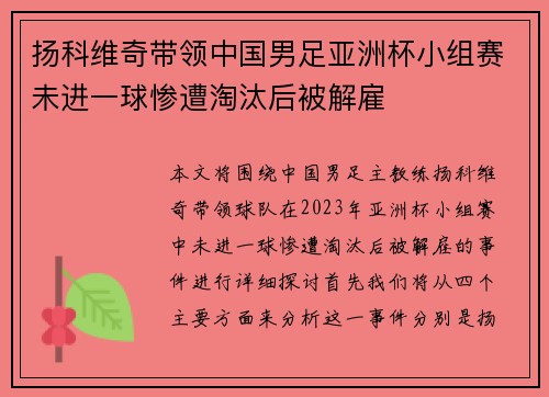 扬科维奇带领中国男足亚洲杯小组赛未进一球惨遭淘汰后被解雇 扬科维奇带领中国男足亚洲杯小组赛未进一球惨遭淘汰后被解雇