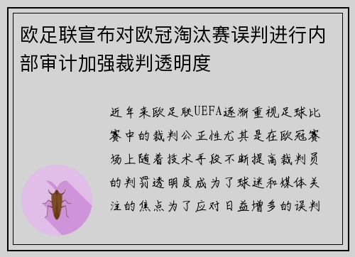 欧足联宣布对欧冠淘汰赛误判进行内部审计加强裁判透明度 欧足联宣布对欧冠淘汰赛误判进行内部审计加强裁判透明度